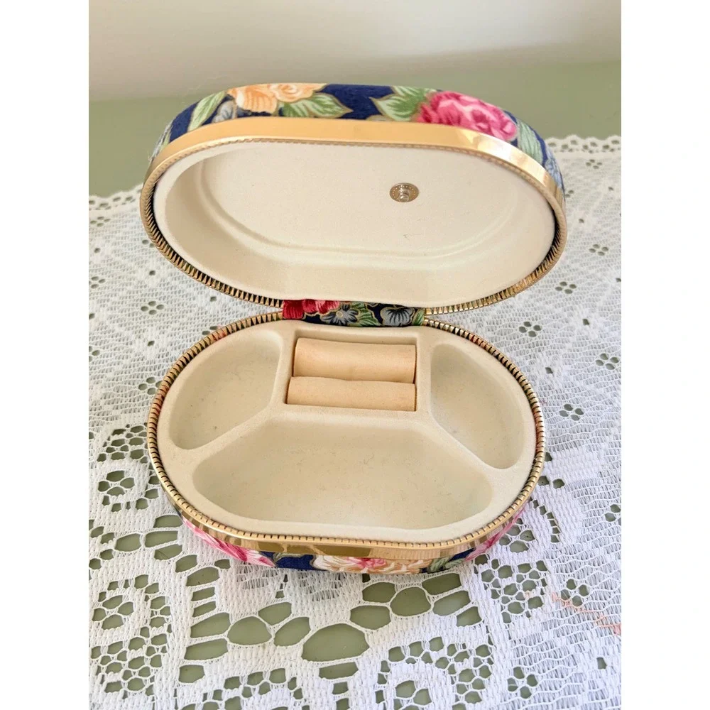 Vintage Floral Chintz Oval Jewelry Box Navy Blue Pink Rose Gold Tone Travel Case